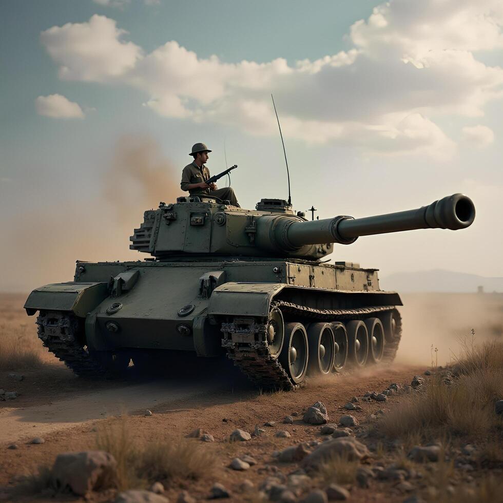 A man is riding on top of a tank in the desert photo