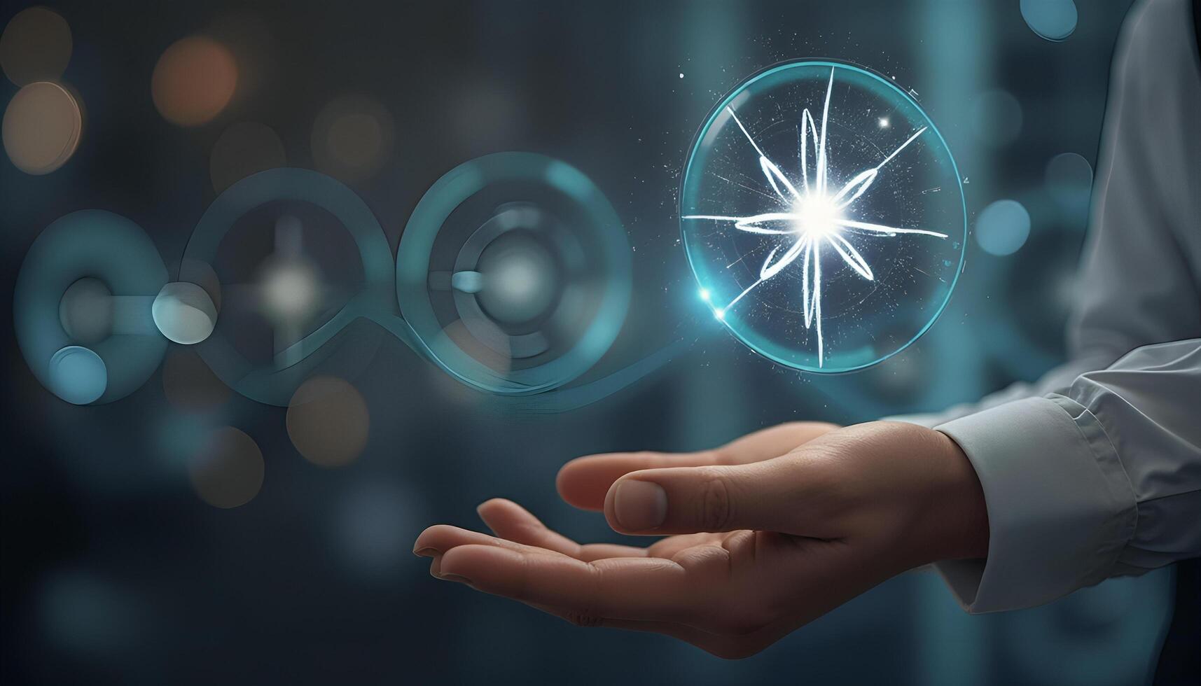 A person holding a star in their hand with a futuristic background photo
