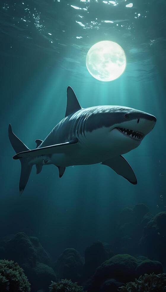A shark swimming in the ocean with a full moon photo