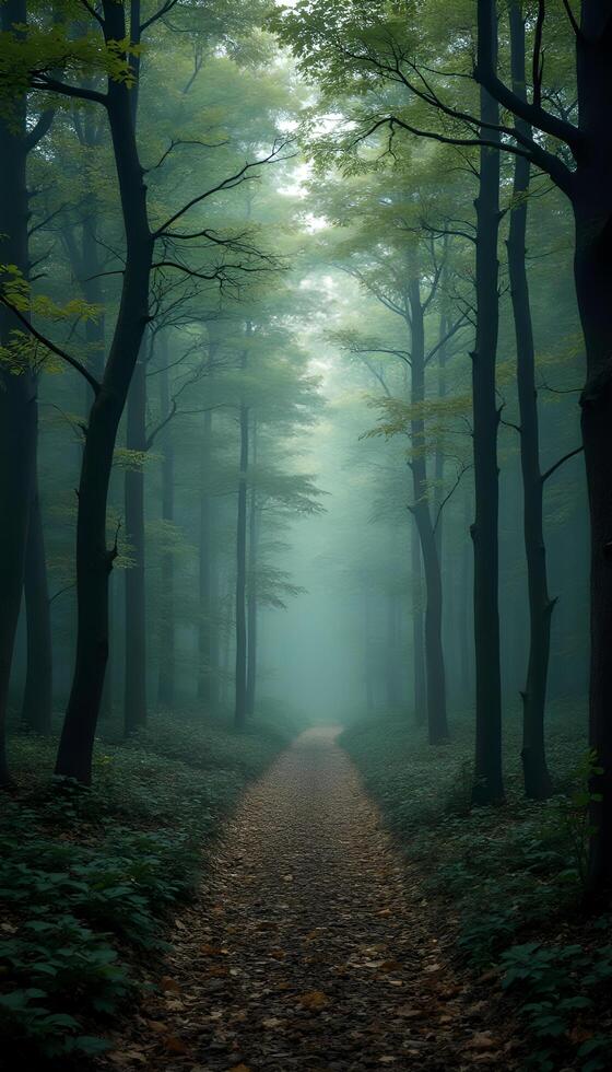 A path through a forest with trees and fog photo