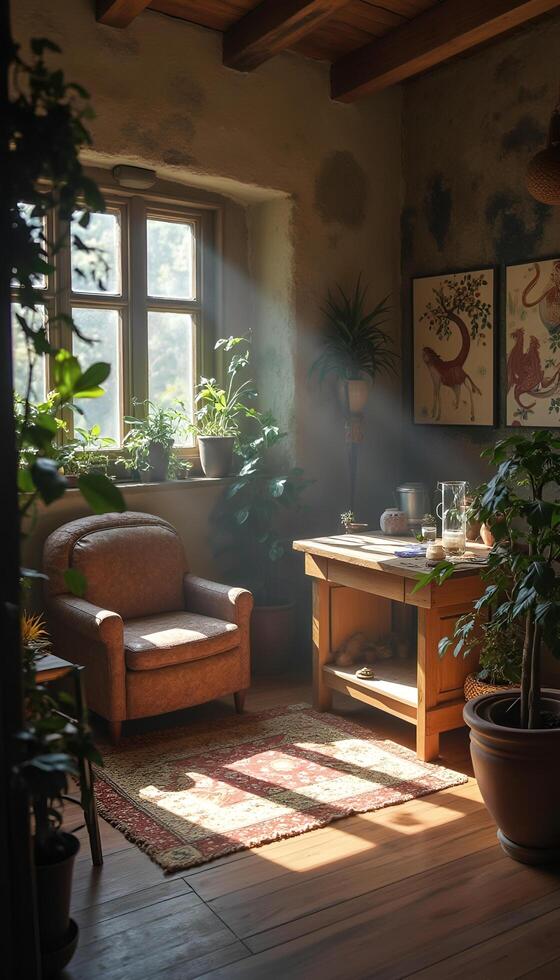 A room with a table and chairs photo