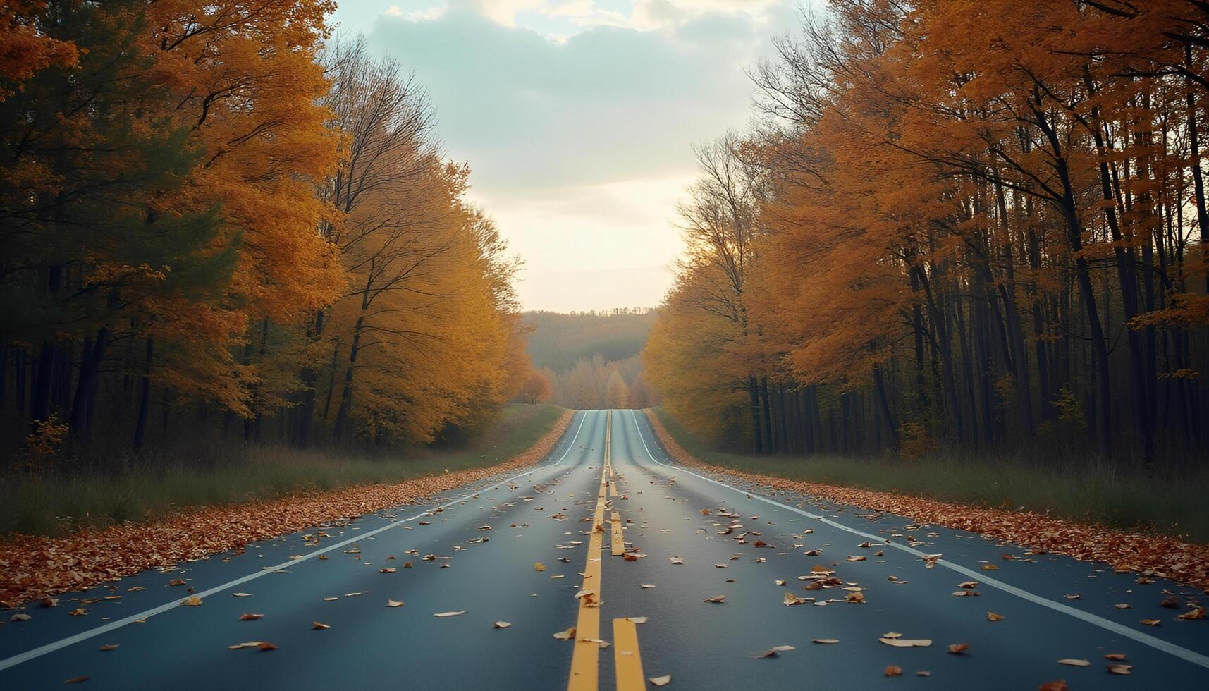 An empty road in the middle of an autumn forest photo