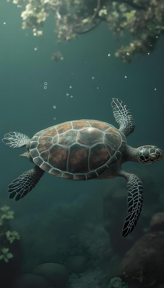 A turtle swimming in the ocean with water bubbles photo