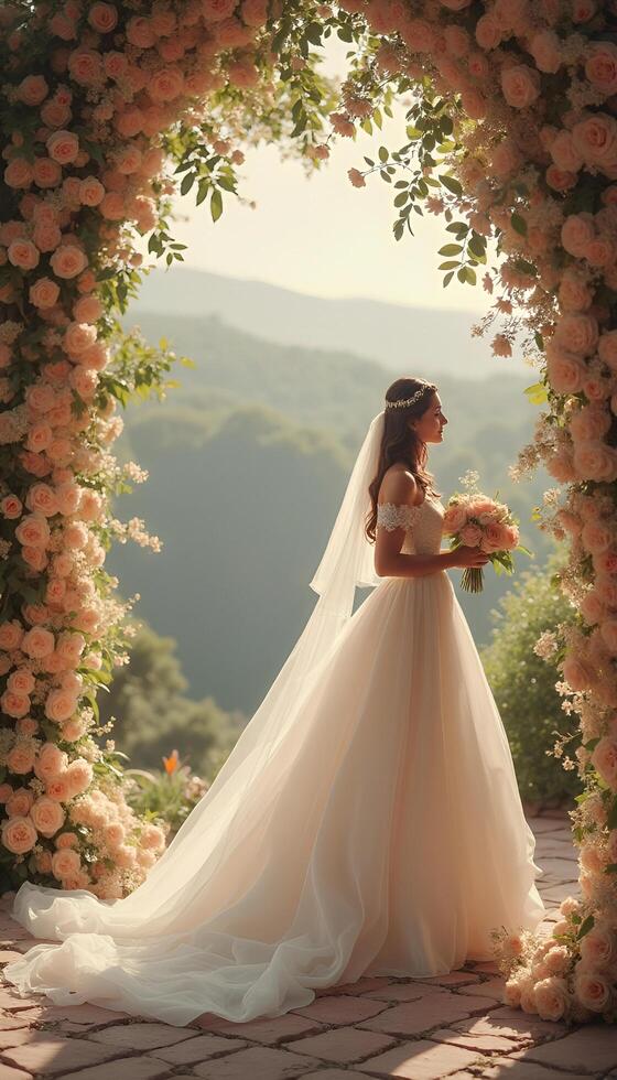 A bride standing in front of a floral archway photo