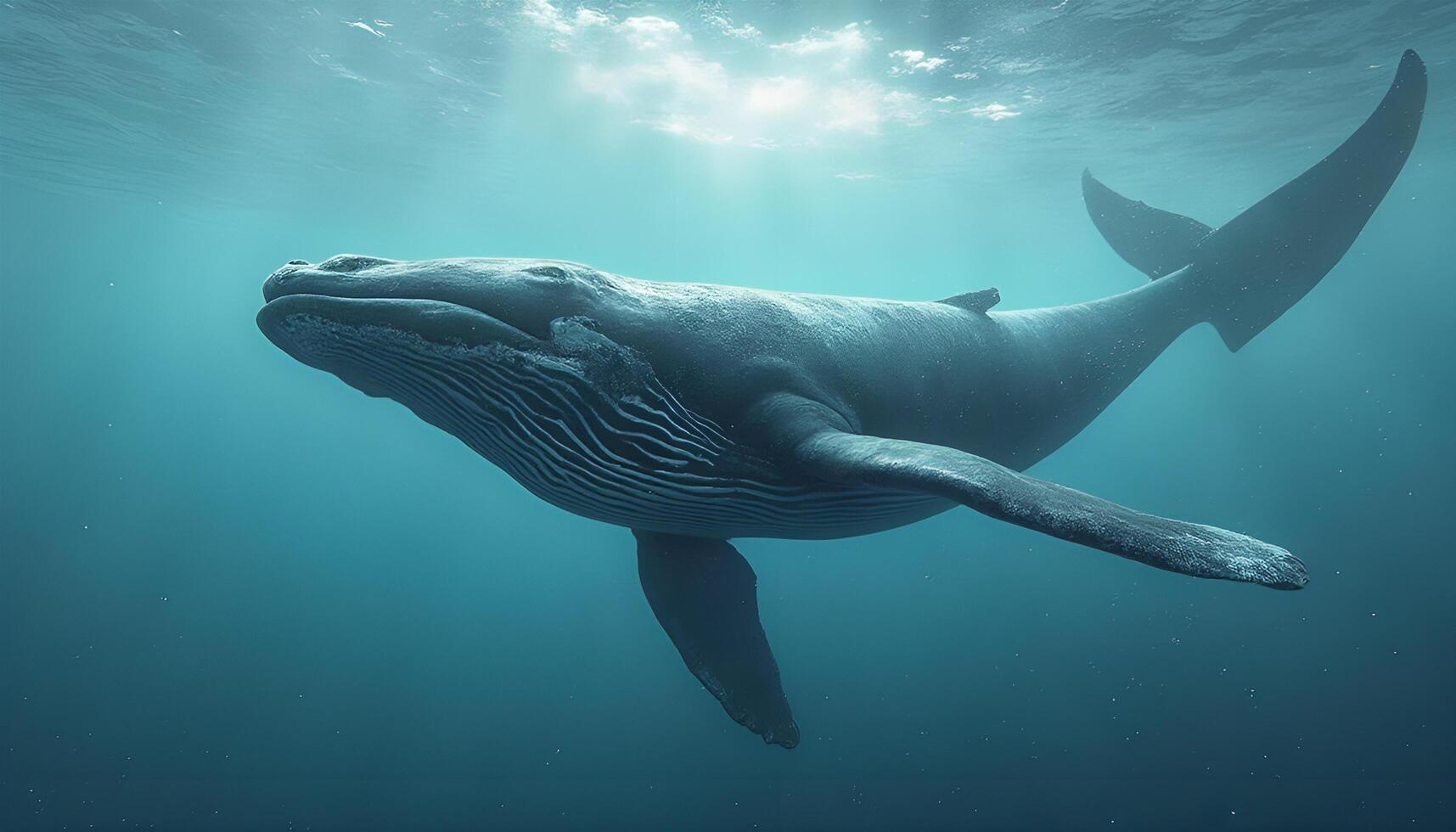 A whale swimming in the ocean with sunlight coming through photo