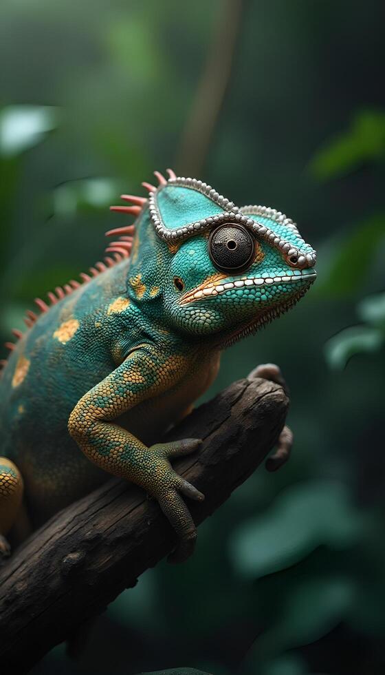 A chameleon is sitting on a branch photo