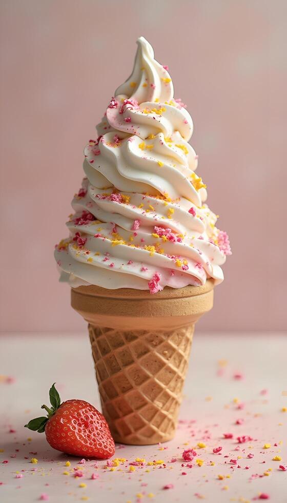 An ice cream cone with white frosting and a strawberry photo