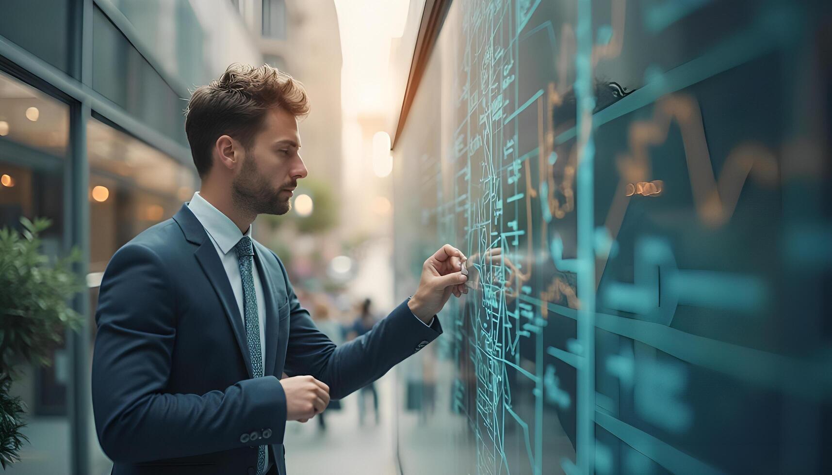 A man in a suit is pointing at a board with graphs photo