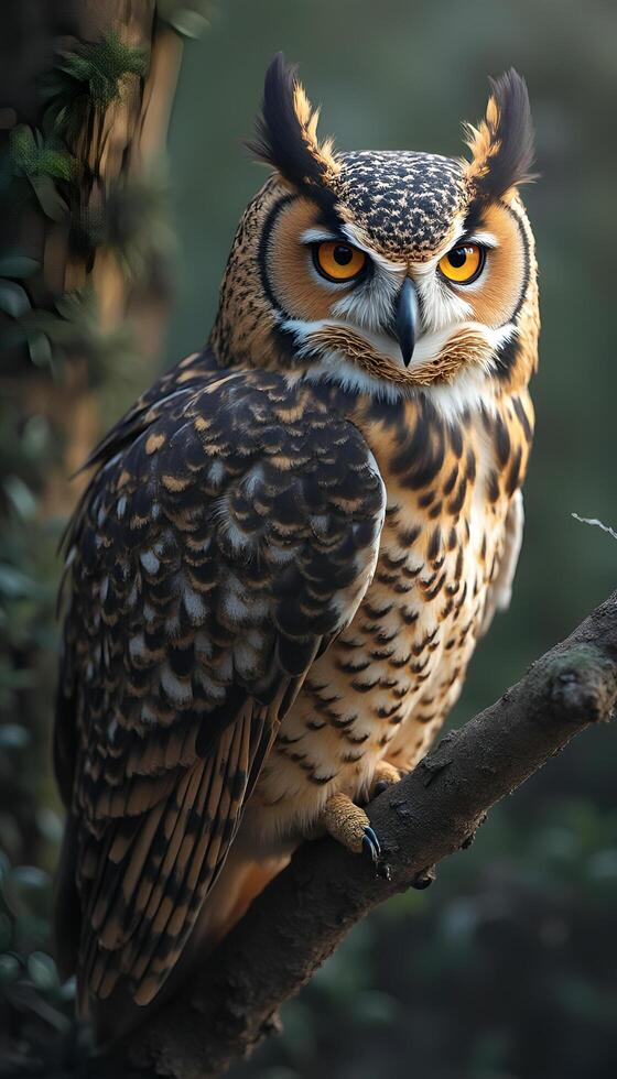 Owl on tree branch with green background photo
