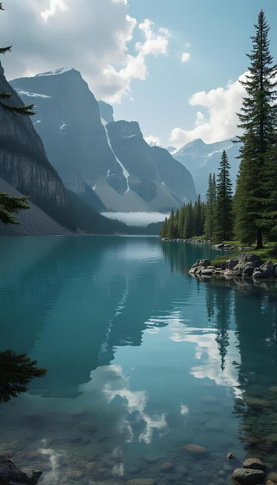 A lake surrounded by mountains and trees photo