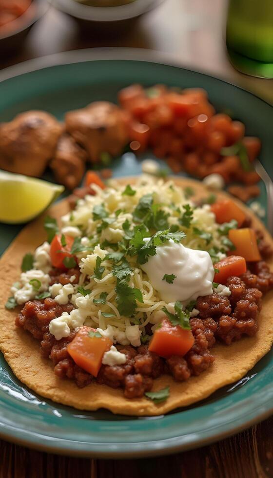 A plate of food with beans, cheese and sour cream photo