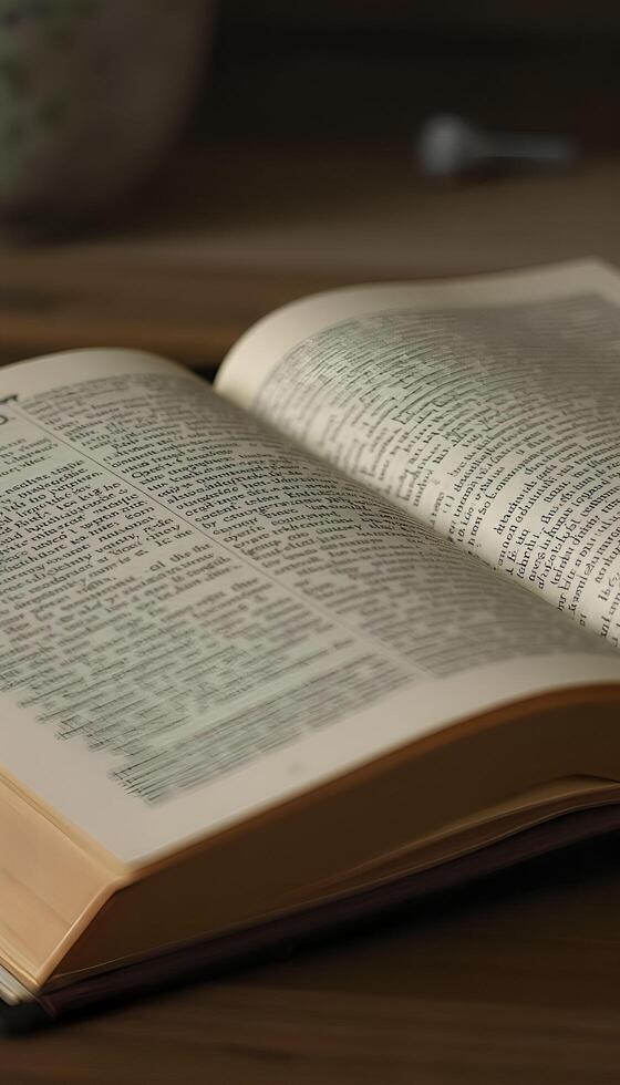 An open book on a table with a cup of tea photo