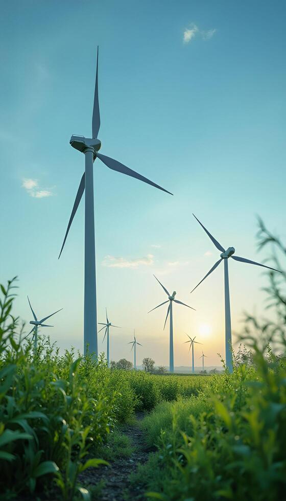 Wind turbines in a field at sunset photo