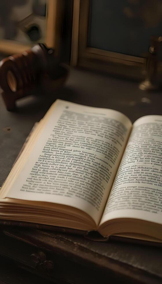 An open book on a desk with a pen and a clock photo
