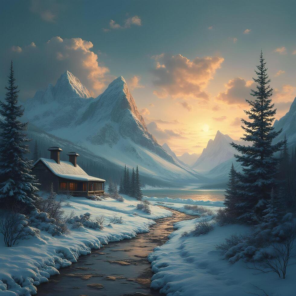 A painting of a cabin in the snow with mountains in the background photo