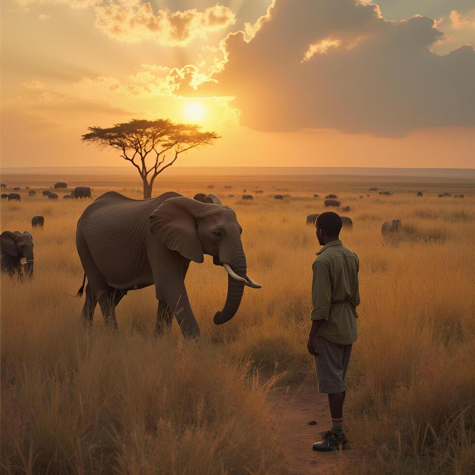 A man standing in the middle of a field with an elephant photo