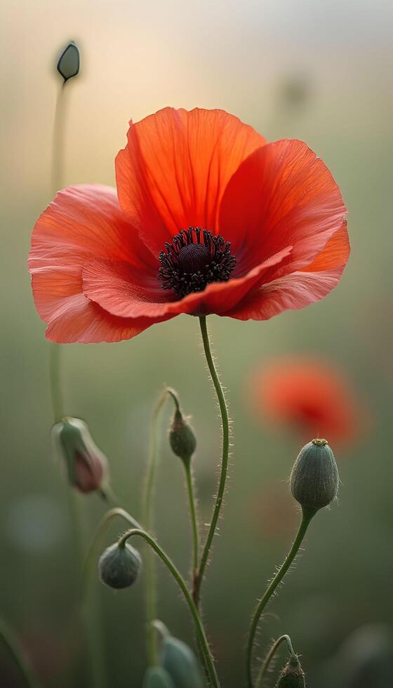 A red poppy is shown in the foreground photo