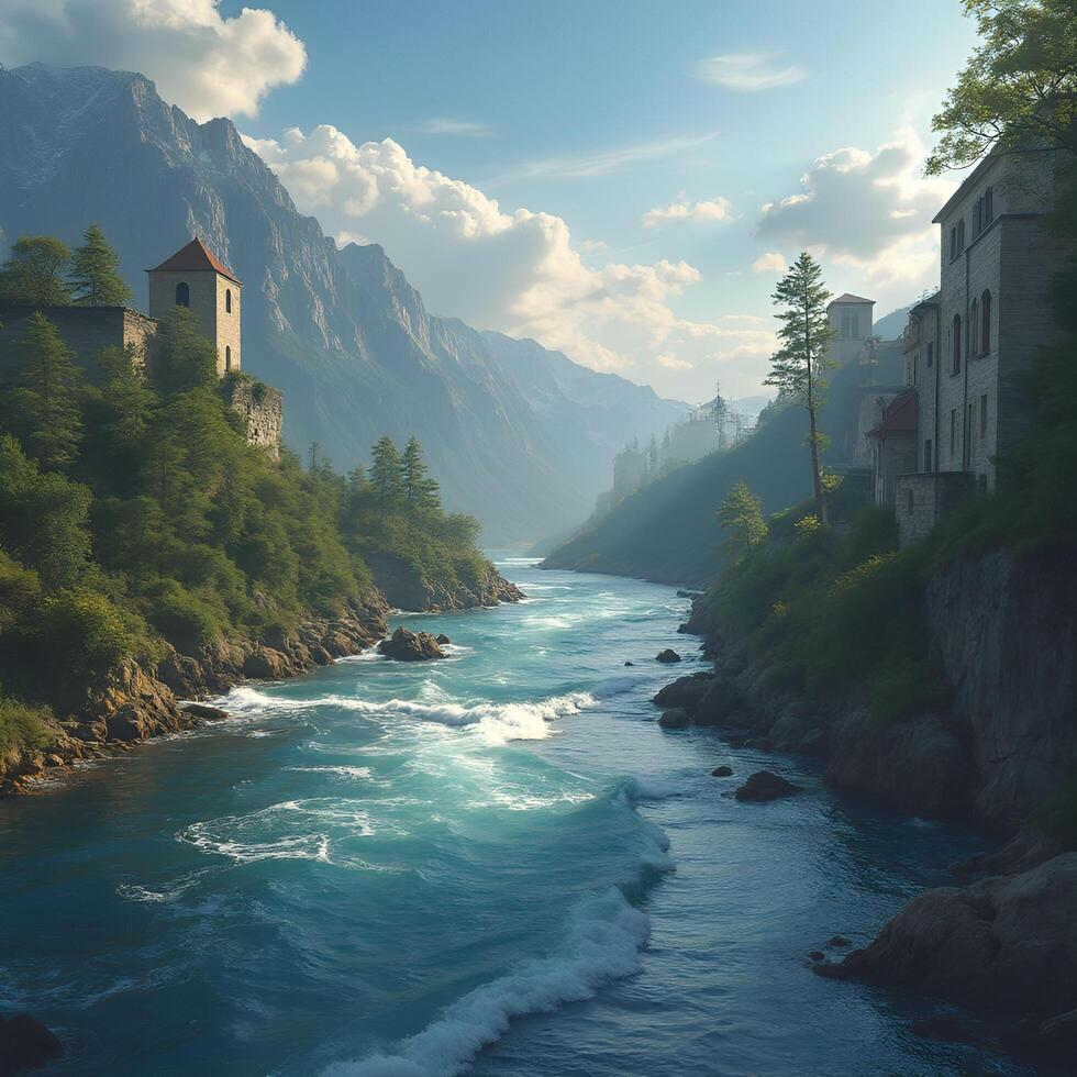 A river runs through a mountain valley with a castle in the background photo