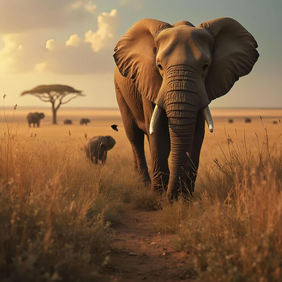 An elephant walking through a field with other elephants photo