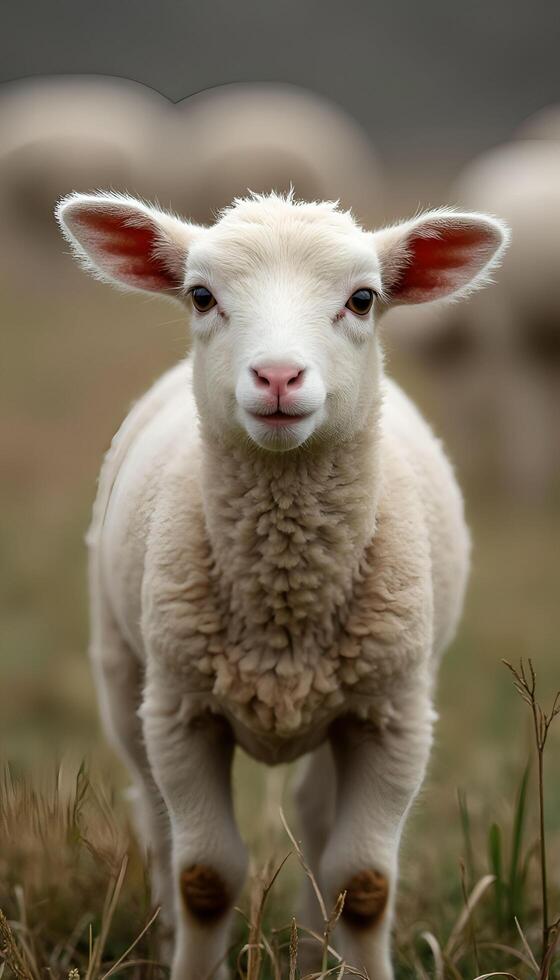 A small white lamb standing in a field photo