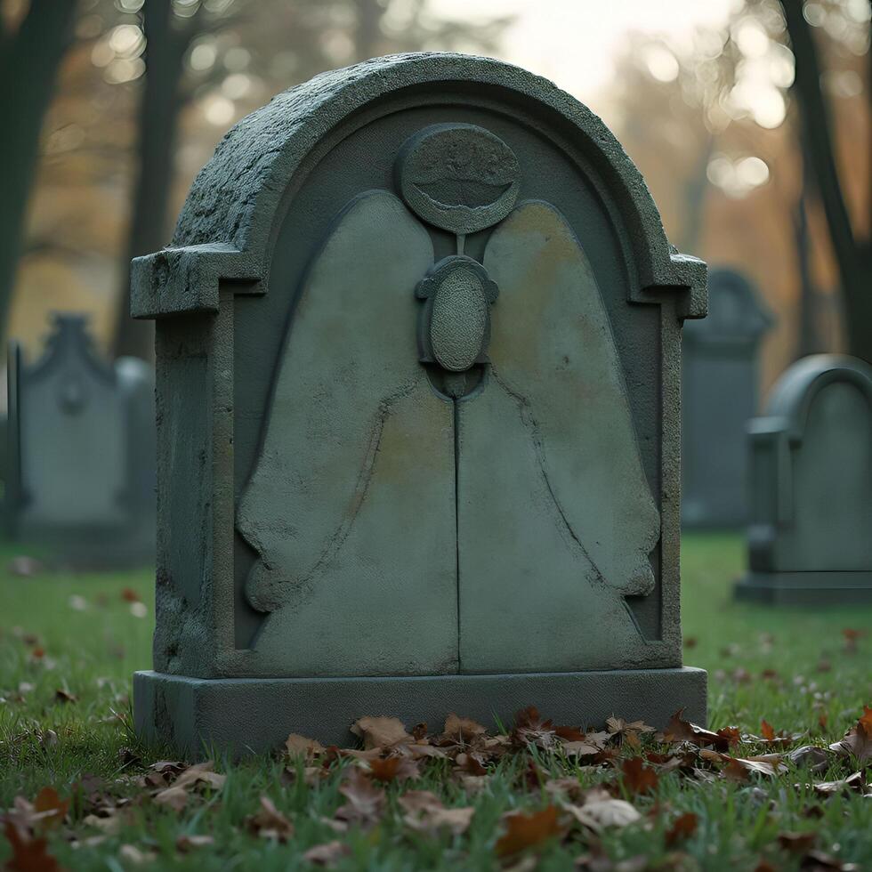 A tombstone with an angel on it in the grass photo