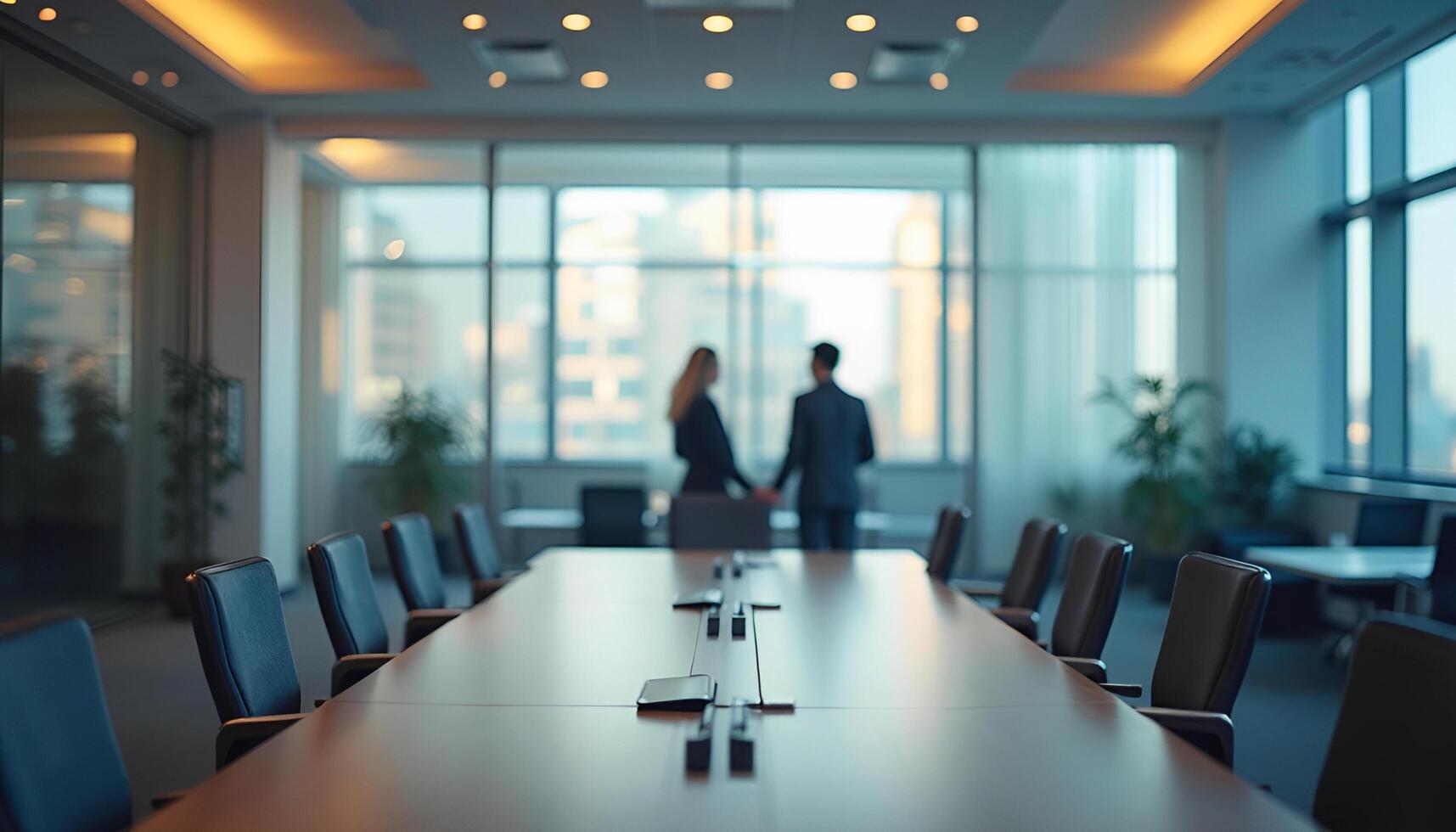 Two people standing in front of a conference table in an office photo