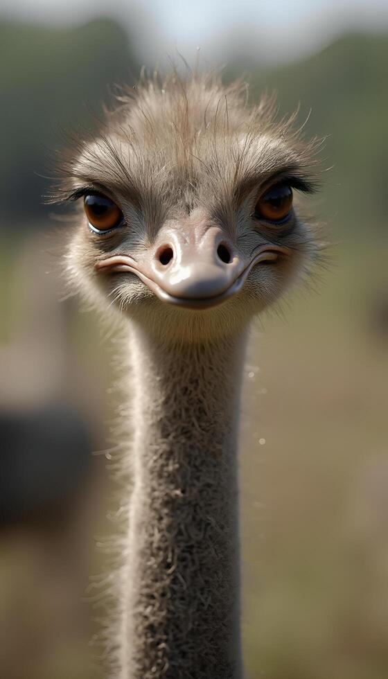 A close up of an ostrich with a blurry background photo
