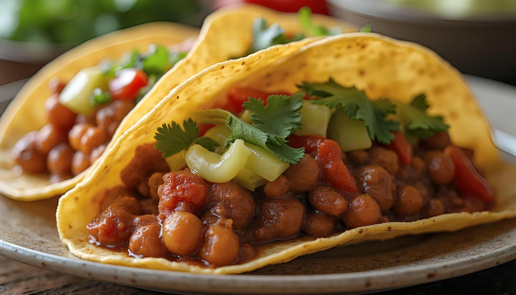 Two tacos with beans and vegetables on a plate photo