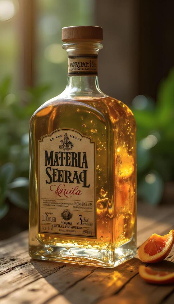 A bottle of margarita sitting on a table next to oranges photo