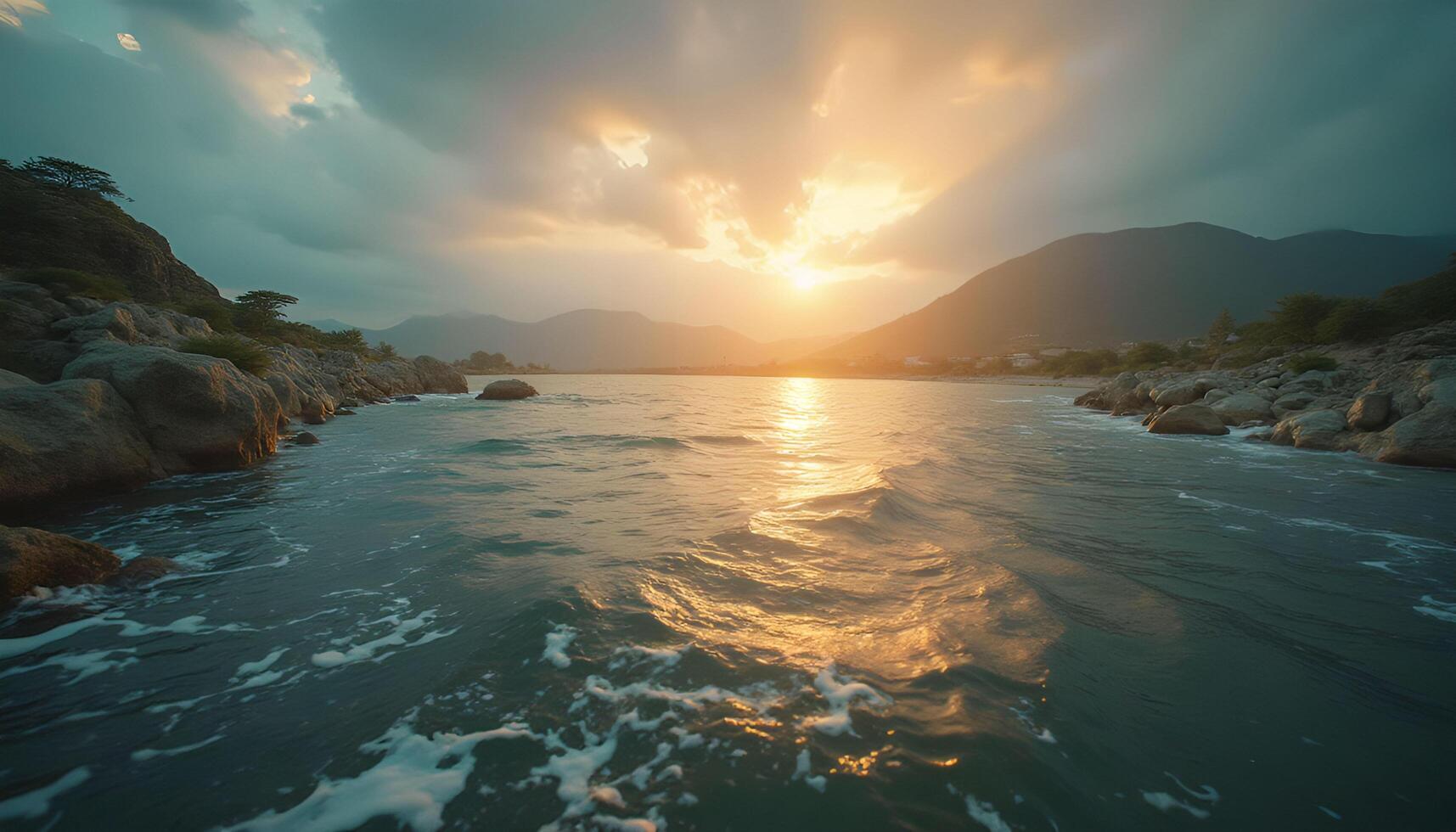 A view of the ocean and mountains at sunset photo