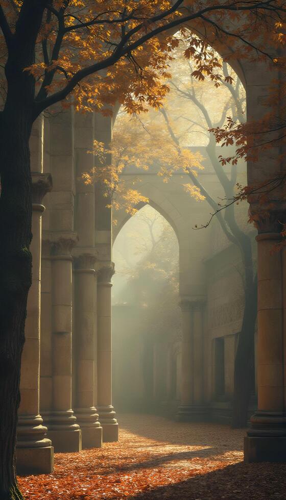 A beautiful autumn scene with trees and pillars photo