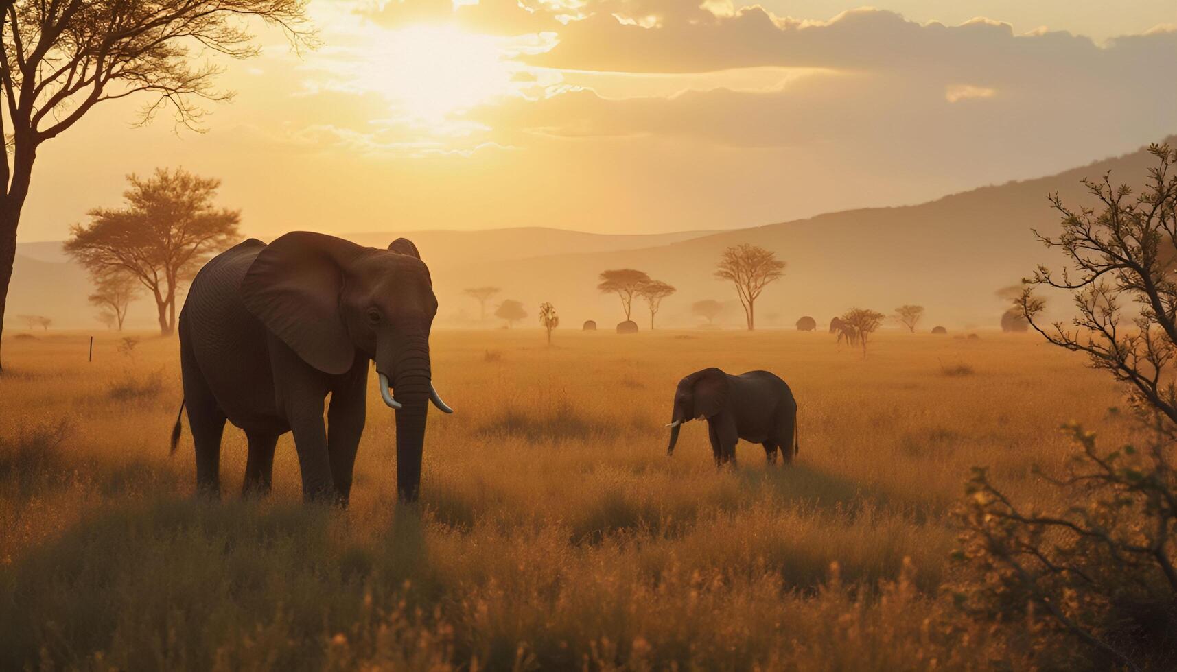 Two elephants are walking in the grass at sunset photo