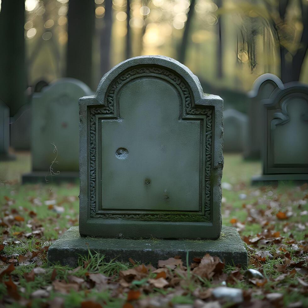 A tombstone in a cemetery with leaves on it photo