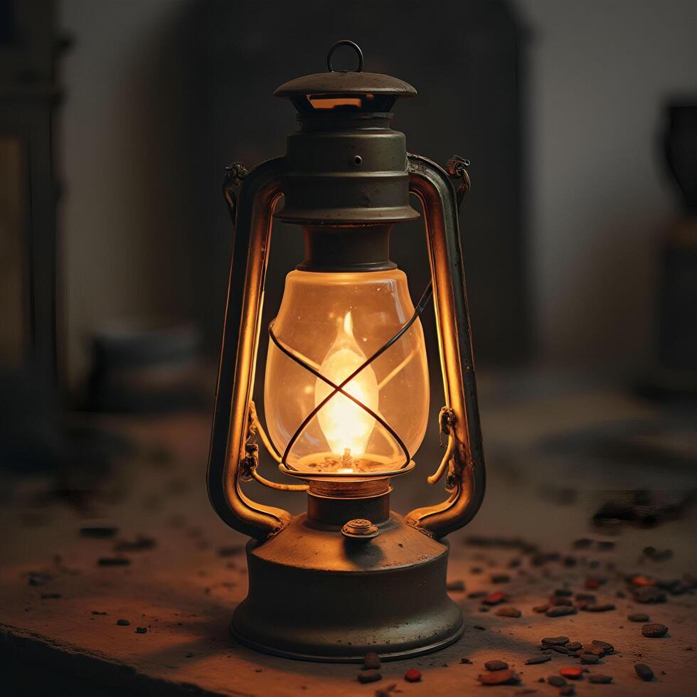 An old fashioned lantern is lit up on a table photo
