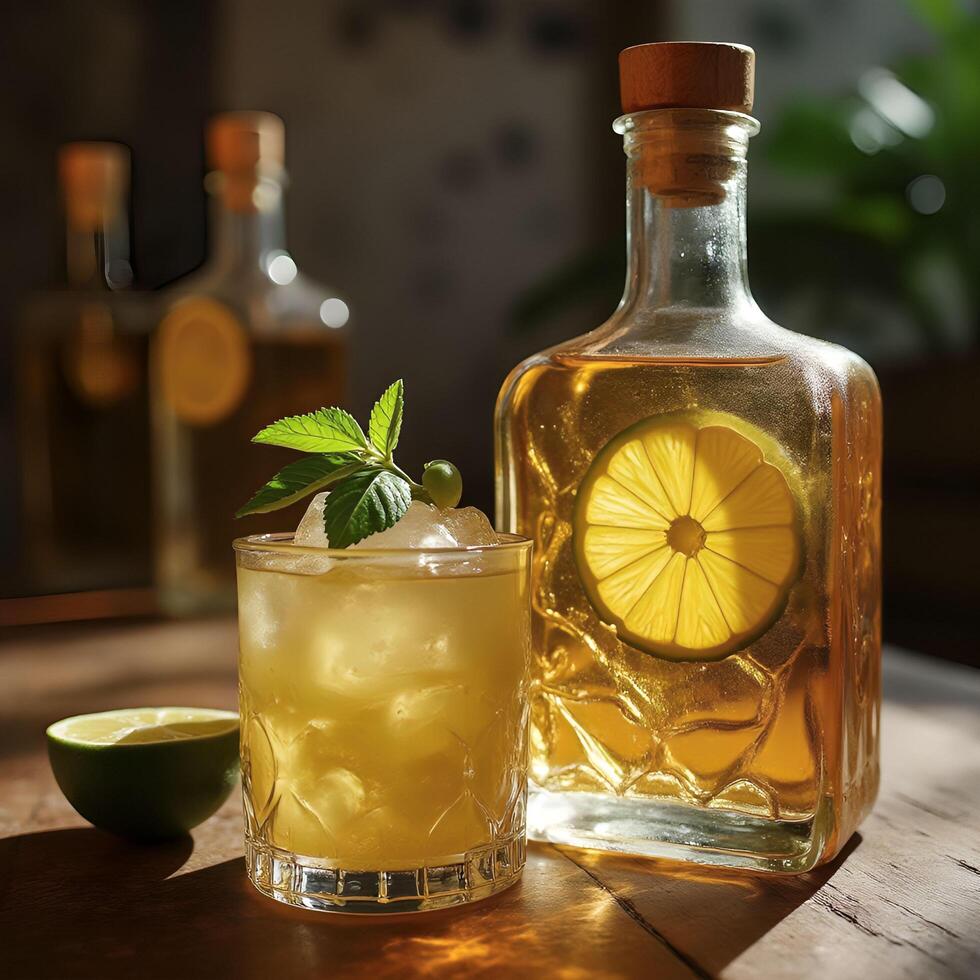A bottle of whiskey and a glass of lemonade photo