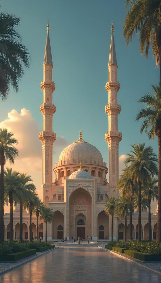 A beautiful mosque with palm trees in front of it photo