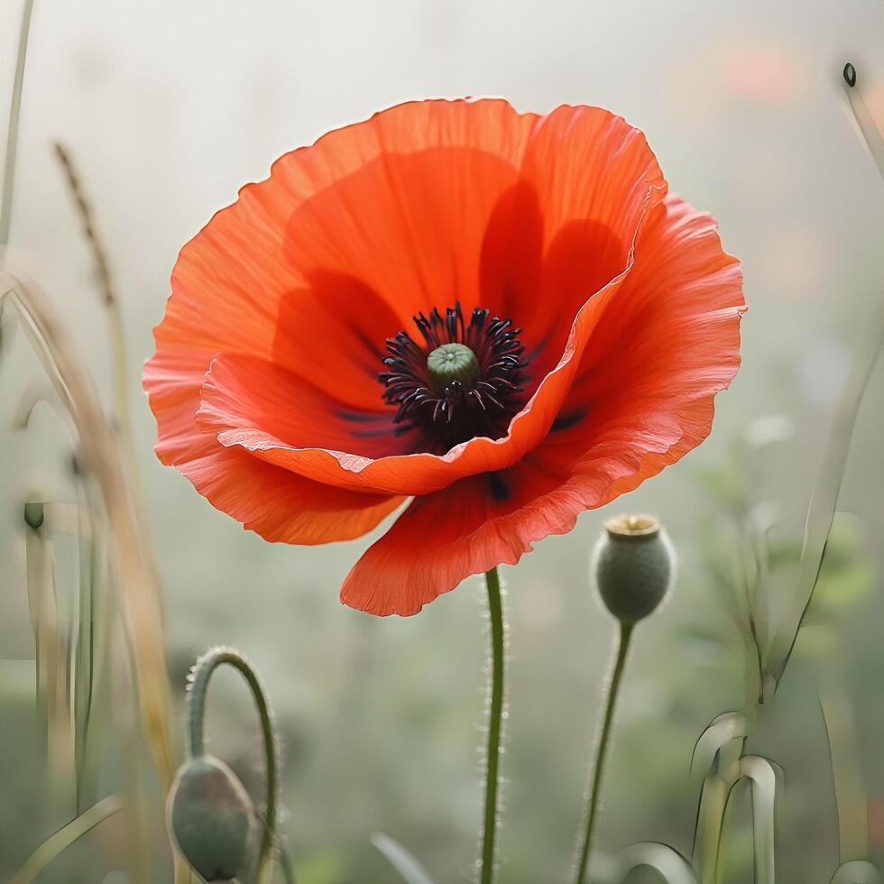 A single red poppy is in the middle of a field photo