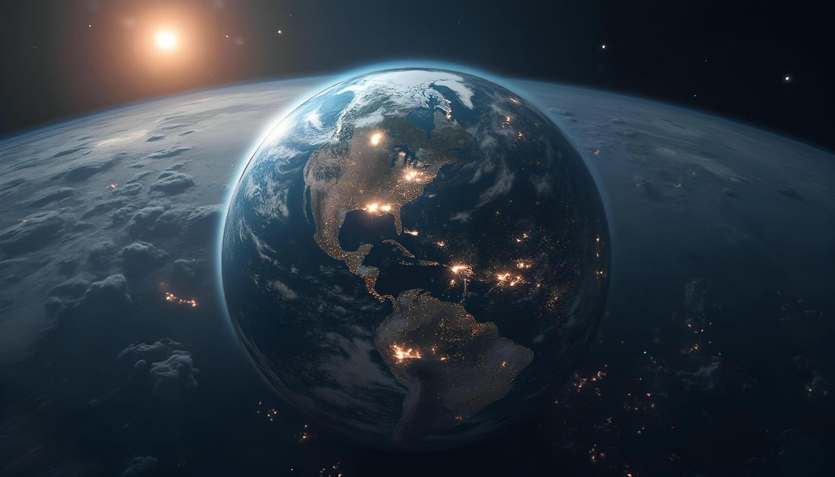 The earth is seen from space with the sun shining photo