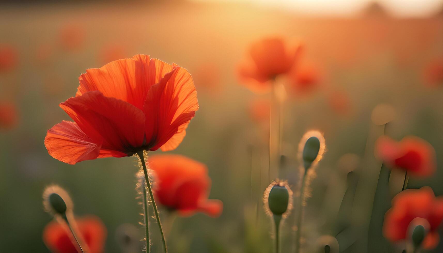 Red poppies in a field at sunset photo