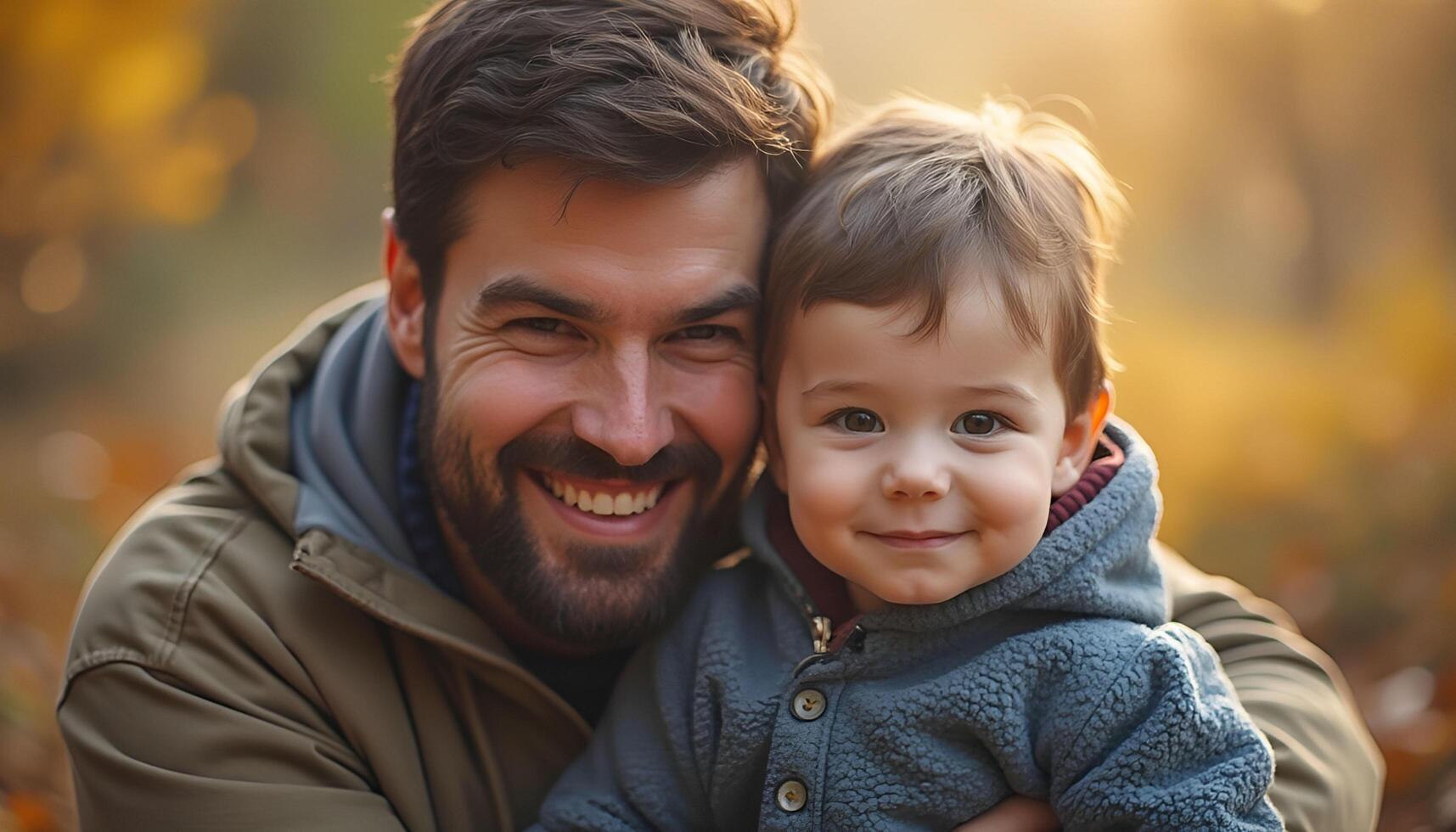 A man and a child are smiling in the fall photo