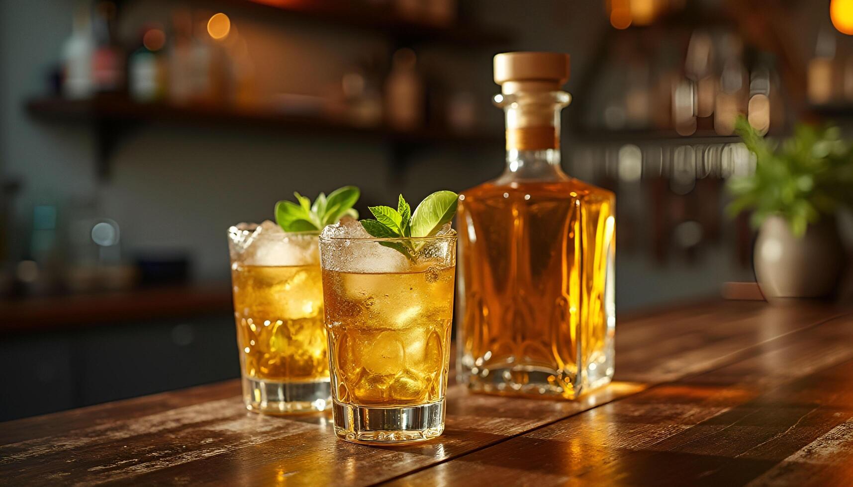 Two glasses of whiskey and a bottle of liquor on a wooden table photo