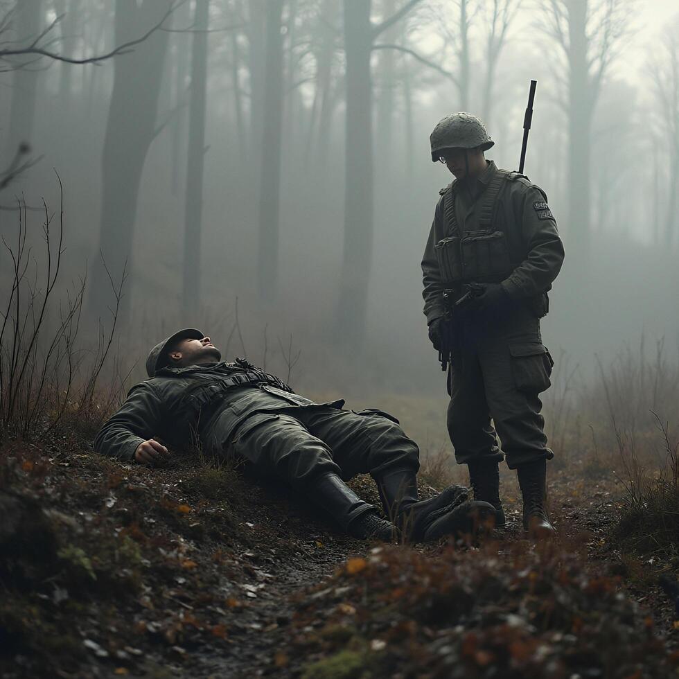 Two soldiers stand in the woods next to a dead man photo