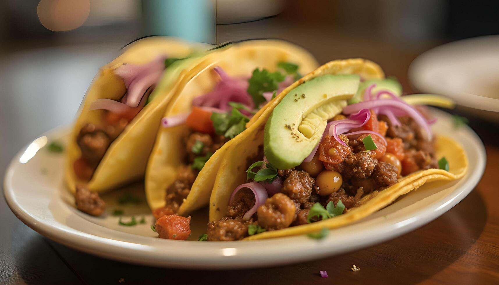 Three tacos on a white plate with a side of salsa photo