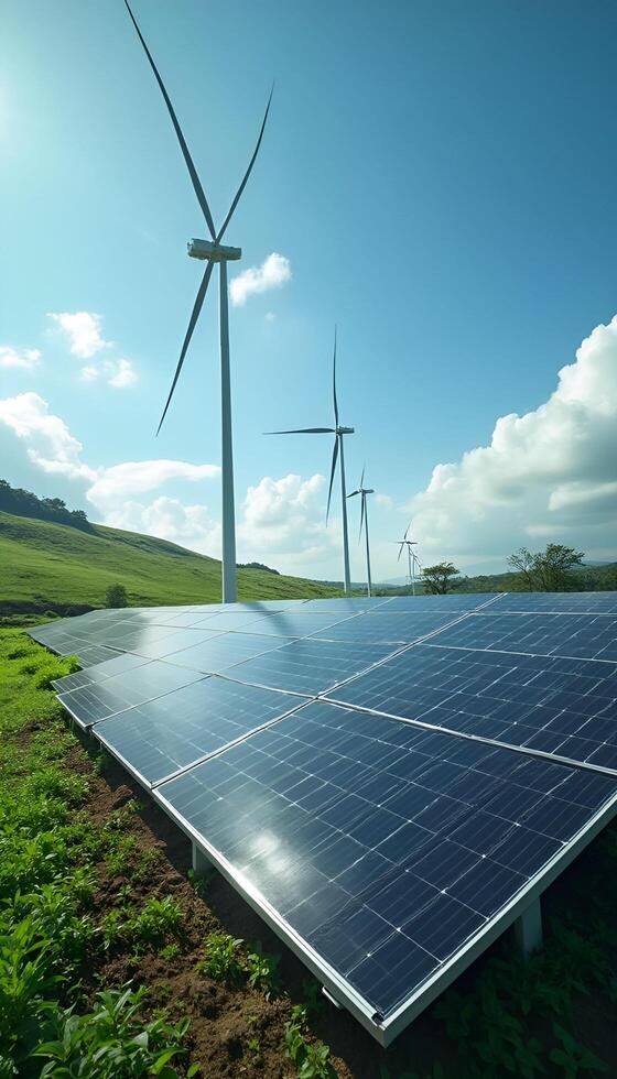 Solar panels and wind turbines in a field photo