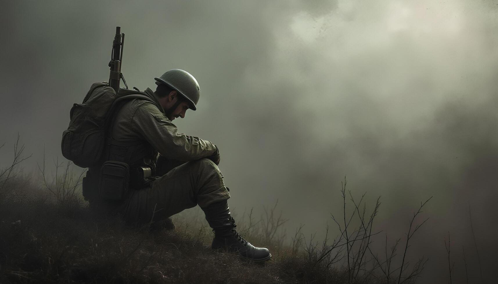 A soldier sitting on a hill with his back to the camera photo