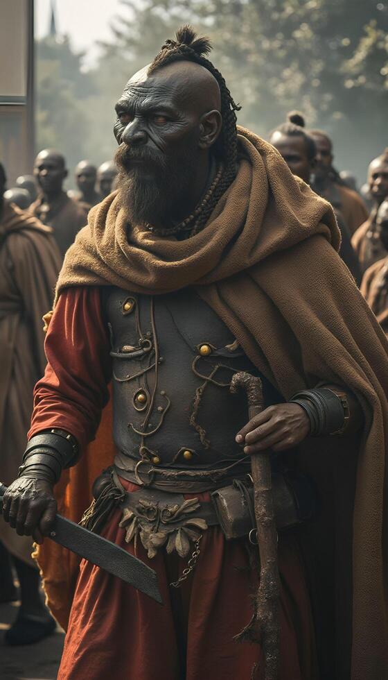 A man in a costume with a sword and beard photo