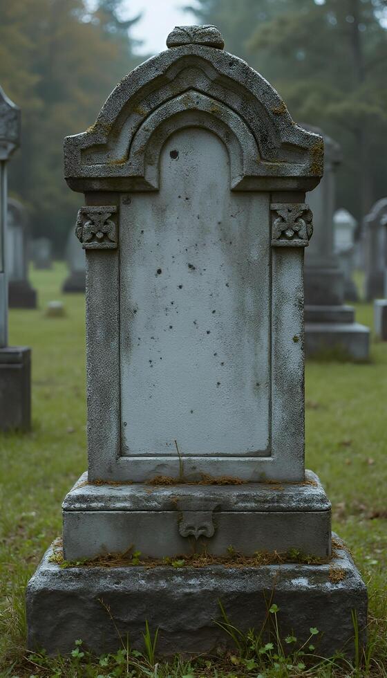 A tombstone sits in a cemetery with grass and trees photo