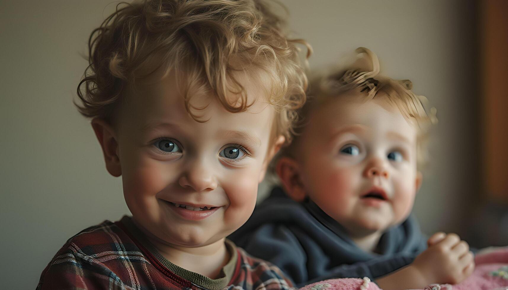 Two young children are sitting on a bed photo