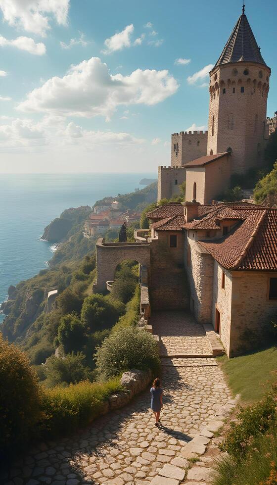 A person walking down a path next to a castle photo