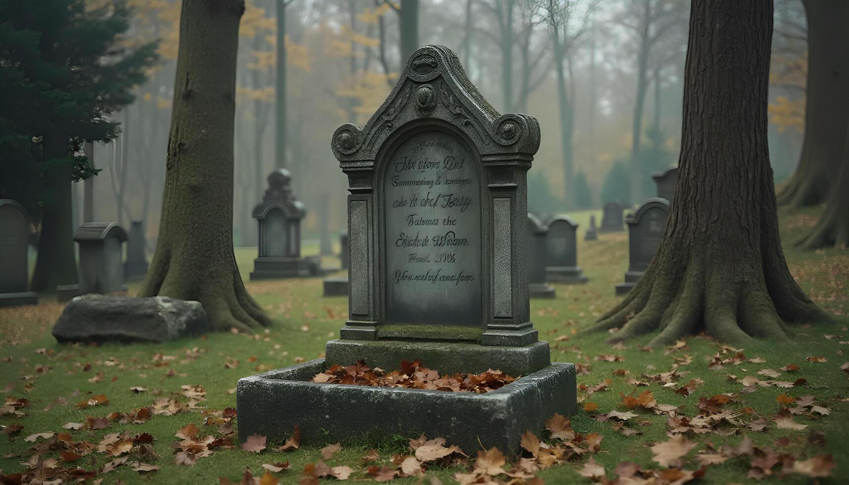 A tombstone sits in the middle of a cemetery photo